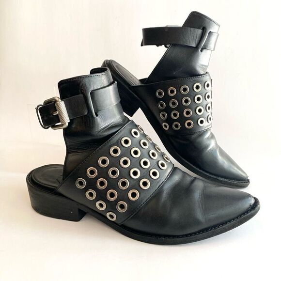 All Saints Yannis Black Leather Mule Ankle Strap Buckle Boots Bootie Size 37 - Picture 1 of 11